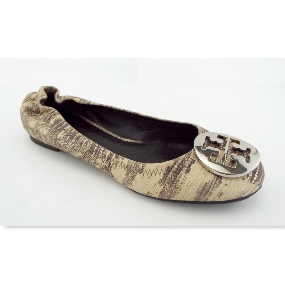 TORY BURCH Logo Ivory Snake Print Leather Reva Ballet Flats 6